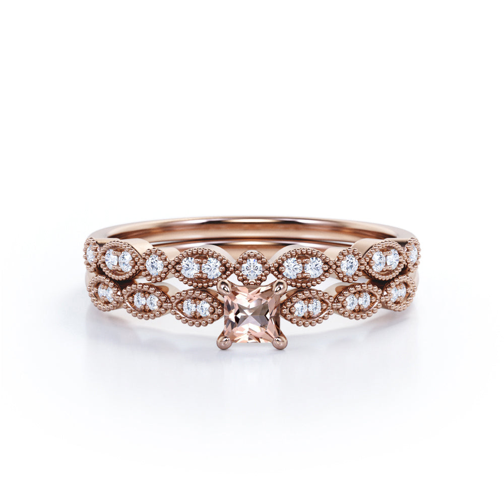 Scalloped 0.75 carat Princess Morganite and Moissanite Bridal Ring Set in White Gold