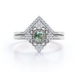 Decorated Kite Shape 0.8 carat Round Green Moss Agate and Moissanite Bridal Ring Set in White Gold