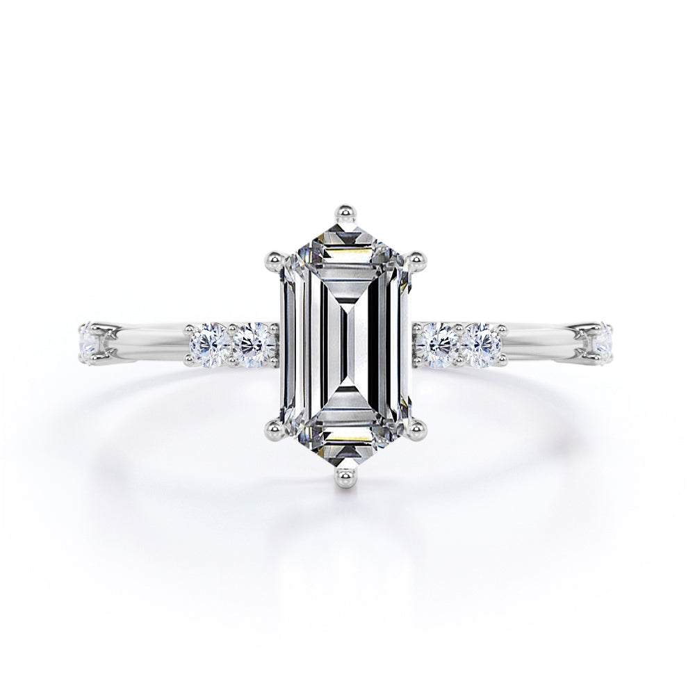 0.8 carat Hexagon Moissanite and Diamond Seven Stone Engagement Ring in Black Gold