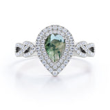 Double Halo 1.25 carat Pear Moss Agate and Moissanite Engagement Ring in White gold