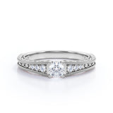 Antique 0.75 carat Round Cut Moissanite and Diamond Engagement Ring in White Gold