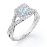 Pave Crossover - 1.25 Carat Round Cut Moonstone and diamond - Flush Cluster Halo Engagement Ring in White Gold