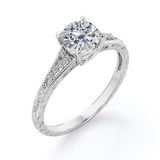 Stylish Engraved Dainty Flowers 1 carat Round Moissanite Engagement Ring in White Gold