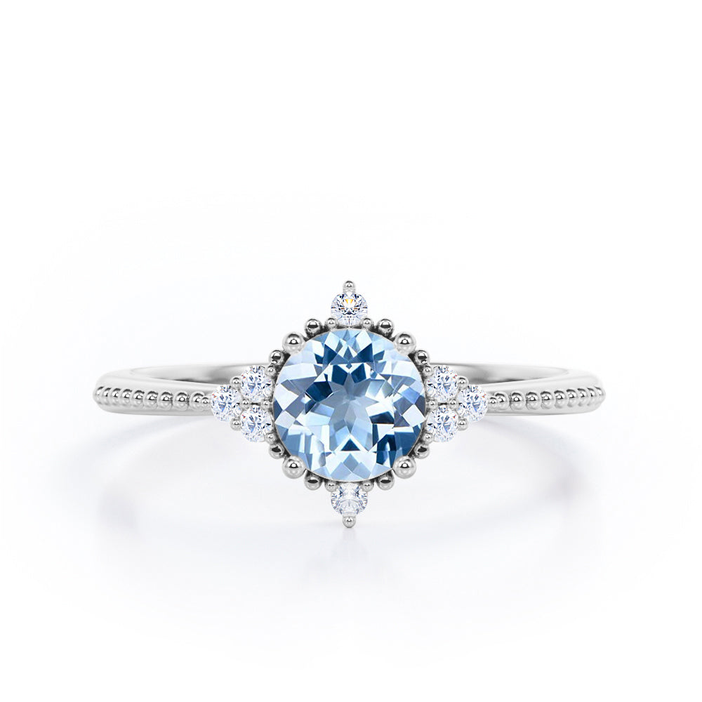 Antique Milgrain Line 0.5 carat Round Aquamarine and Diamond Engagement Ring in Rose Gold