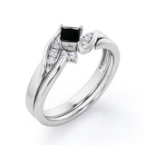 Petite Pave-Channel - 0.55 TCW Rhombus Princess Cut Black Diamond - Prong Tensioned Wedding Ring Set -  White Gold