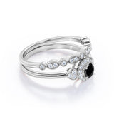 1.35 Carat Round Cut Lab Grown Black Diamond Halo Wedding Ring Set In White Gold