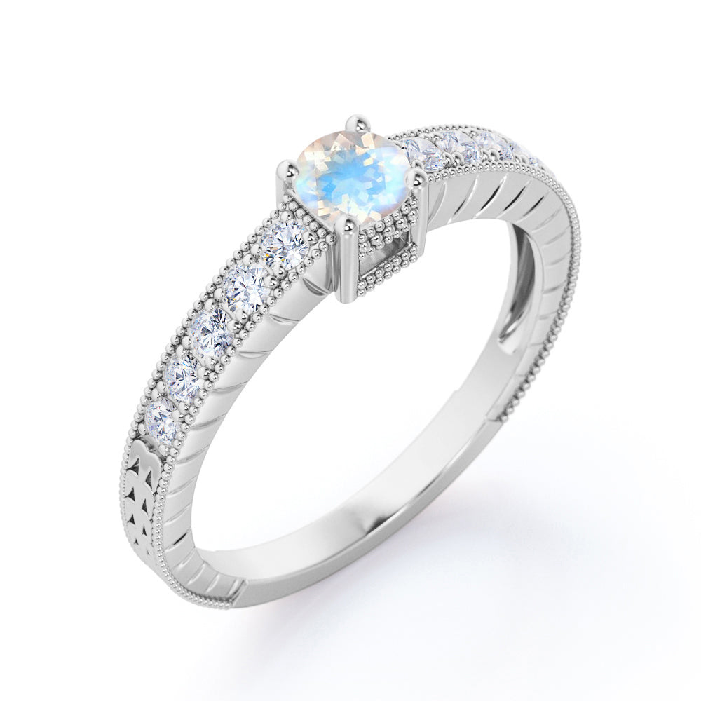 Nature Inspired 0.6 carat Round Moonstone and Moissanite Engagement Ring in Rose Gold