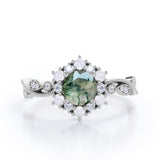 Floral Halo 0.7 carat Round Moss Green Agate and Diamond Engagement Ring in White Gold
