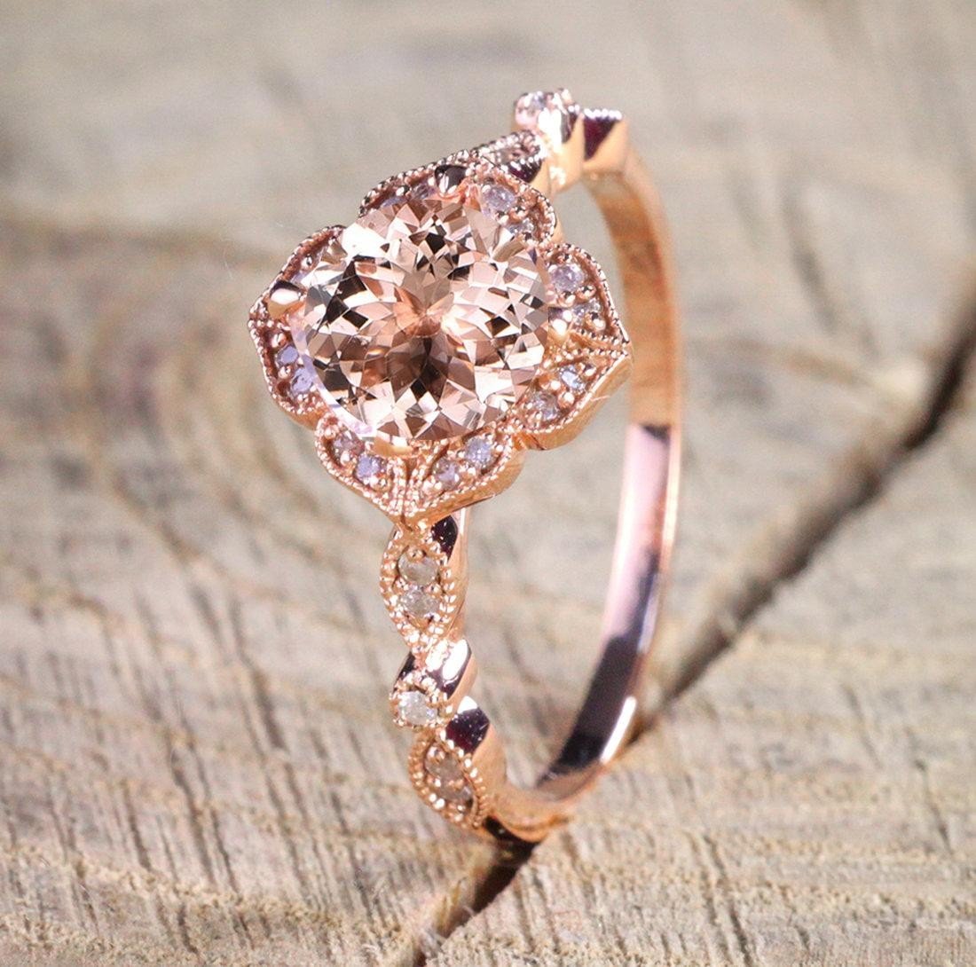 OVAL MORGANITE .61ct DIAMOND DOUBLE HALO ENGAGEMENT RING ROSE GOLD NATURAL  PEACH