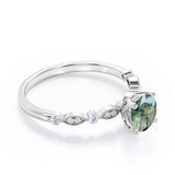 Art Deco 1 Carat Round Moss Agate and Moissanite Scalloped Engagement Ring in White Gold