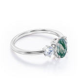 Simple Trio Stone 0.8 carat Oval Moss Green Agate and Diamond Engagement Ring in Rose Gold