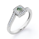 Flush-Prong Halo 1.25 Carat Round Cut Green Moss Agate and diamond Milgrain-Edged Pave Channel Engagement Ring in White Gold