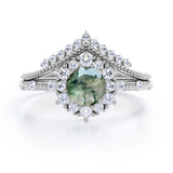 Vintage Milgrain 0.8 Carat Round Cut Moss Agate Bridal Set