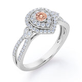 Pear-Shaped Double Halo - 1.7 Carat Round Cut Morganite and diamond - Pave Split Shank Engagement Ring in White Gold