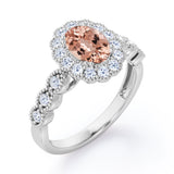 Vintage Floral Halo 0.7 carat Oval and Round Morganite and diamond Engagement Ring in Rose Gold