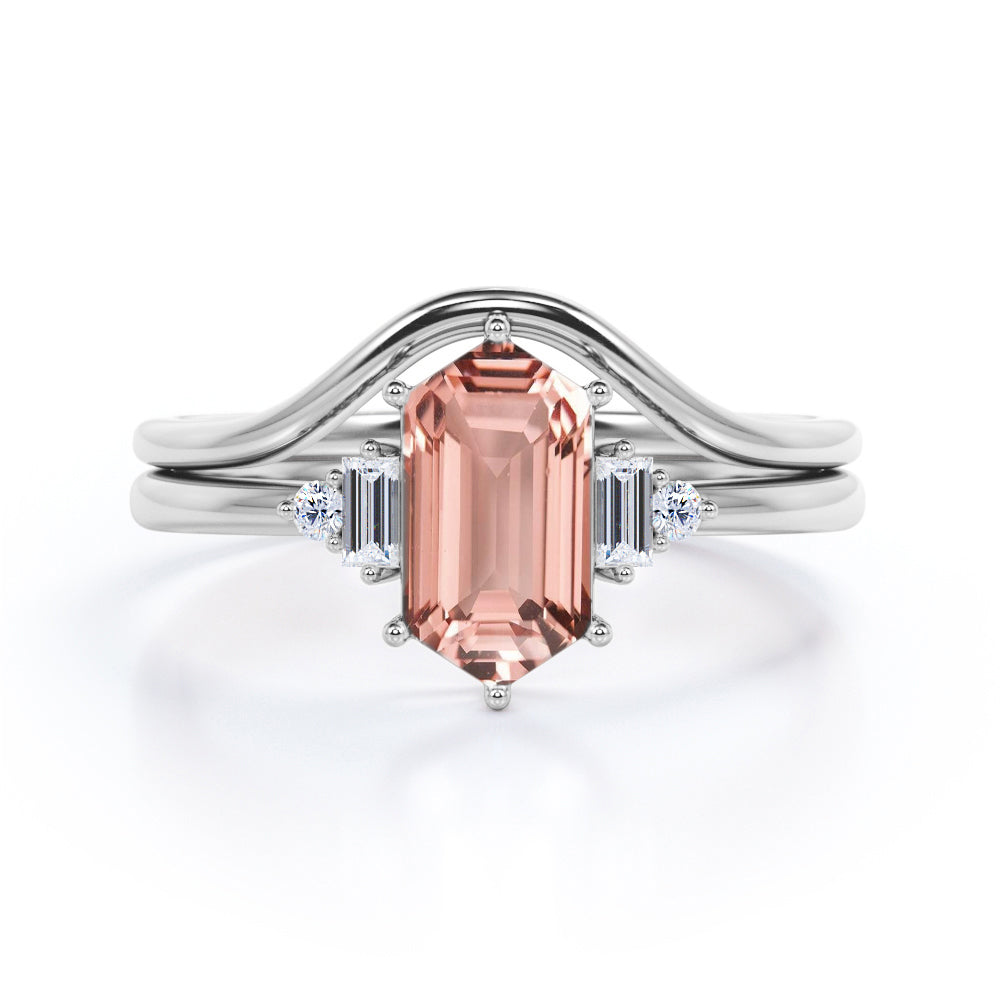 Lovable Plain Style 0.55 carat Hexagon Morganite and Moissanite Wedding Ring Set in Rose Gold