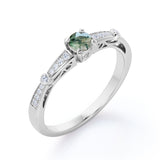 Baguette Shape Band with 0.7 carat Round Dendritic Moss Agate Engagement Ring in White Gold
