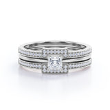 Bead décor 1 carat Square Moissanite and Diamond Solitaire Trio Wedding Ring Set For Her in White Gold