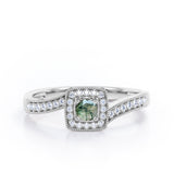 Flush-Prong Halo 1.25 Carat Round Cut Green Moss Agate and diamond Milgrain-Edged Pave Channel Engagement Ring in White Gold