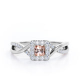 1.25 Carat Princess Cut Morganite and diamond - Half Crossover Pave - Halo Engagement Ring in White Gold