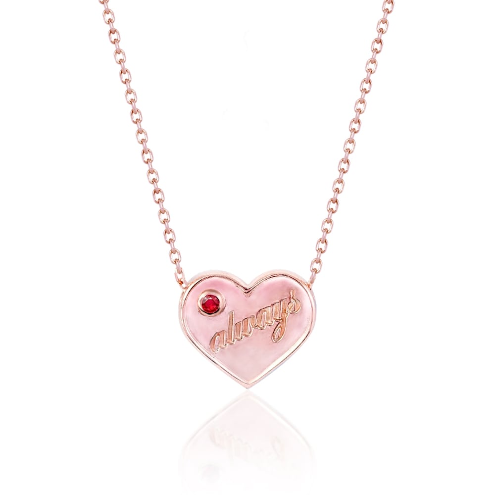 Always Charm Necklace with Natural Round Cut Ruby in 18K Rose Gold Plating over Silver