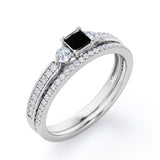 1.65 Carat Princess Cut Lab Grown Black Diamond Three Stone Vintage Wedding Ring In White Gold