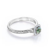 Antique Square Halo 0.6 carat Round Moss Agate and Moissanite Engagement Ring in White Gold