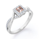 1.25 Carat Princess Cut Morganite and diamond - Half Crossover Pave - Halo Engagement Ring in White Gold