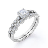 Rope Design Milgrain 0.8 carat Princess Moissanite and Diamond Bridal Set in White Gold