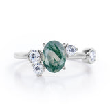 Unique 1 carat Oval Five Stone Ring With Petite Moss Green Agate and Diamond in White Gold