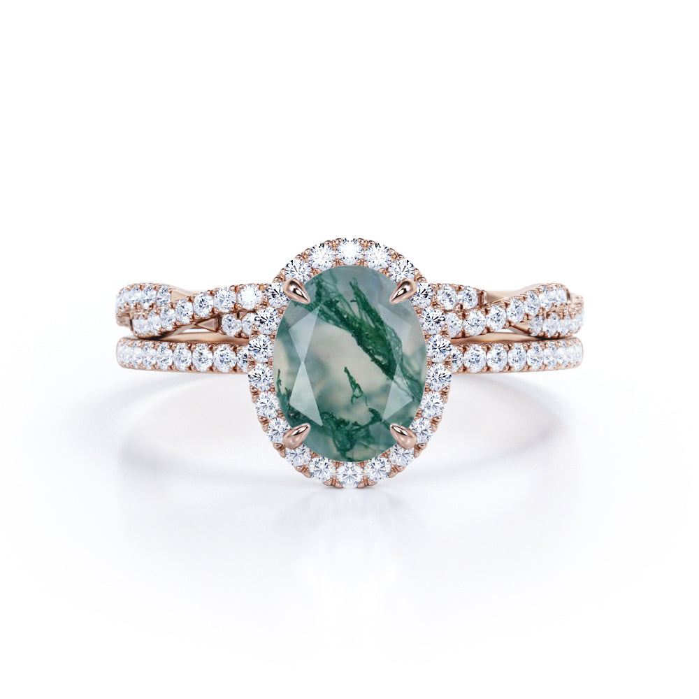 Single Stone - 1.5 carat Oval Cut Green Moss Agate and Moissanite Wedding Set in White Gold