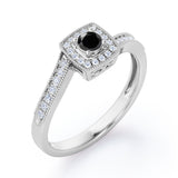 Flush-Prong Halo 1.25 Carat Round Cut Black Diamond Milgrain-Edged Pave Channel Engagement Ring in White Gold