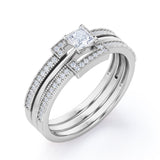 Bead décor 1 carat Square Moissanite and Diamond Solitaire Trio Wedding Ring Set For Her in White Gold