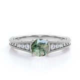 Estate-inspired 1 carat Round Moss Agate Art Decorative Anniversary Ring in White Gold - Mother's day, Birthday