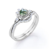Exceptional Handcrafted Flower 0.8 carat Round Moss Agate and Moissanite Wedding Set in White Gold