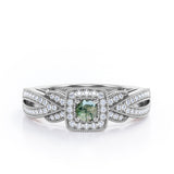 Extravaganza Milgrain Bordered - 1.45 Carat Round Brilliant Cut Green Moss Agate and diamond - Halo Pave Channel Engagement Ring in Rose Gold