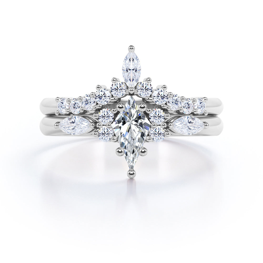 Elegant Fancy Cut Gems 0.7 carat Kite Moissanite and Diamond Wedding Ring Set in Rose Gold