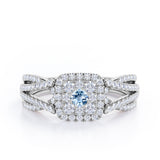 Double Infinity Split Shank - 1.4 Carat Round Shaped Aquamarine - Flush Cluster Halo Engagement Ring in White Gold