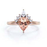 Half-Crown Halo 0.55 carat Pear Morganite and Moissanite Engagement Ring in Rose Gold