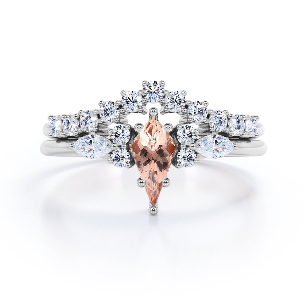 Glittery 0.65 carat Kite Morganite and Moissanite Classic Bridal Ring Set in Black Gold