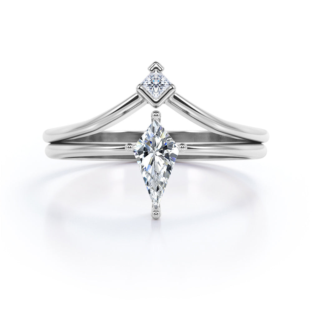 Minimal Dainty Two Stones 1.1 carat Kite Moissanite and Diamond Bridal Ring Set in Rose Gold