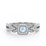 Extravaganza Milgrain Bordered - 1.45 Carat Round Brilliant Cut Moonstone and diamond - Halo Pave Channel Engagement Ring in White Gold