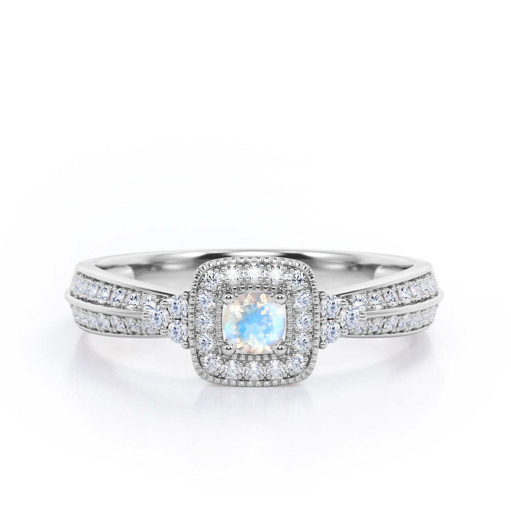 Double Pave Channel 1.5 Carat Round-Shaped Moonstone and diamond Halo Cluster Engagement Ring in Rose Gold