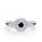 Double Halo Cluster 1.8 Carat Round-Shaped Black Diamond Split-Shaked Milgrain Pave Engagement Ring in White Gold