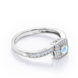 Flush-Prong Halo 1.25 Carat Round Cut Moonstone and diamond Milgrain-Edged Pave Channel Engagement Ring in White Gold