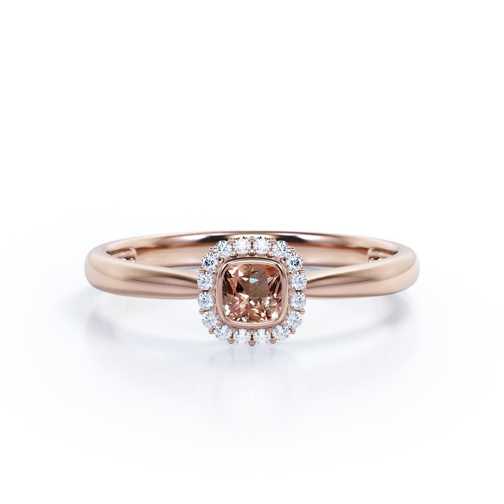 Bezel Halo 0.65 carat Cushion Morganite and Moissanite Pinched Shank Engagement Ring in White Gold
