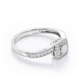 Flush-Prong Halo 1.25 Carat Round Cut Opal and diamond Milgrain-Edged Pave Channel Engagement Ring in White Gold