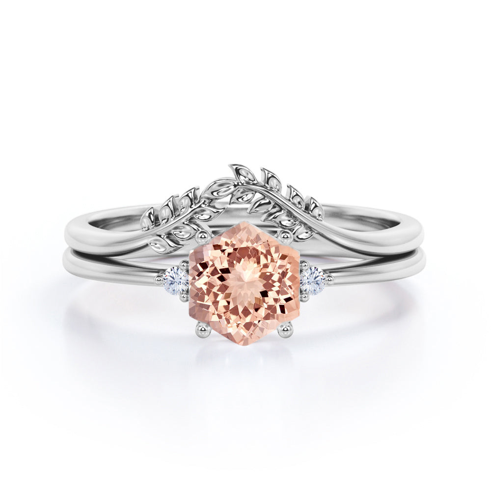 Artistic Petite Leaf 0.55 carat Hexagon Morganite and Moissanite Minimal Bridal Ring Set in Rose Gold