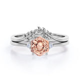 Artistic Petite Leaf 0.55 carat Hexagon Morganite and Moissanite Minimal Bridal Ring Set in Rose Gold