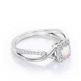 1.25 Carat Princess Cut Opal and diamond - Half Crossover Pave - Halo Engagement Ring in White Gold